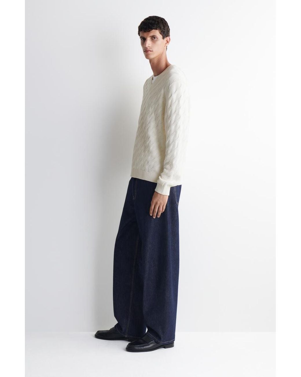 COS White Cable-Knit Cotton-Silk V-Neck Sweater for men