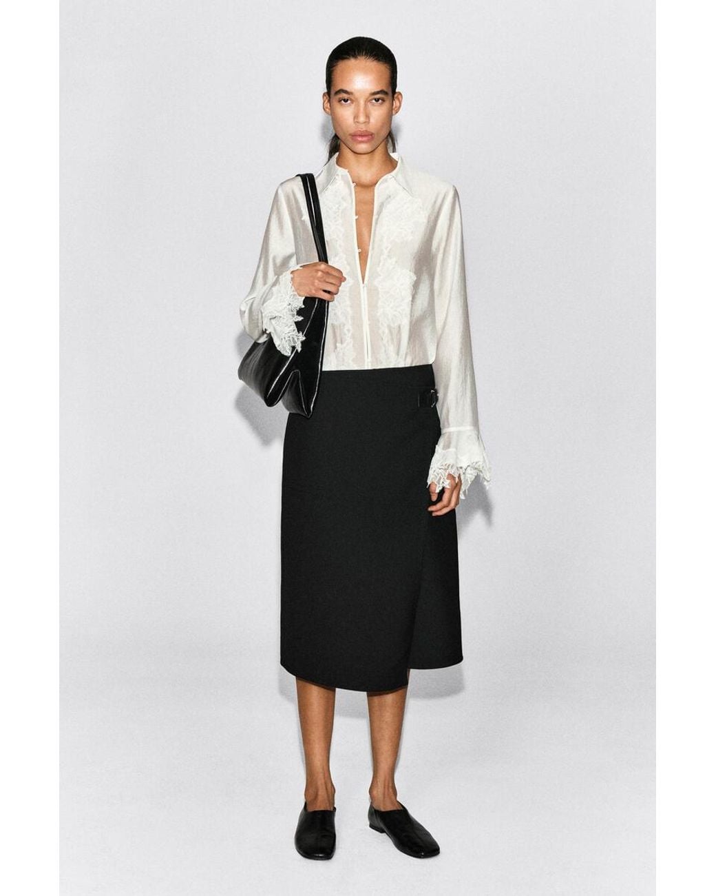 COS Black Leather-Belt Wool-Twill Midi Skirt