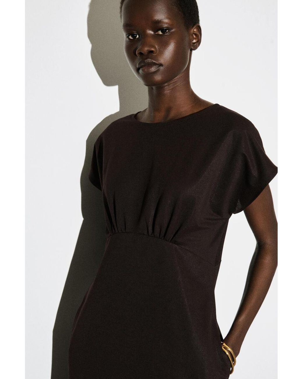 COS Brown Sculpted Gathered Jersey Midi Dress