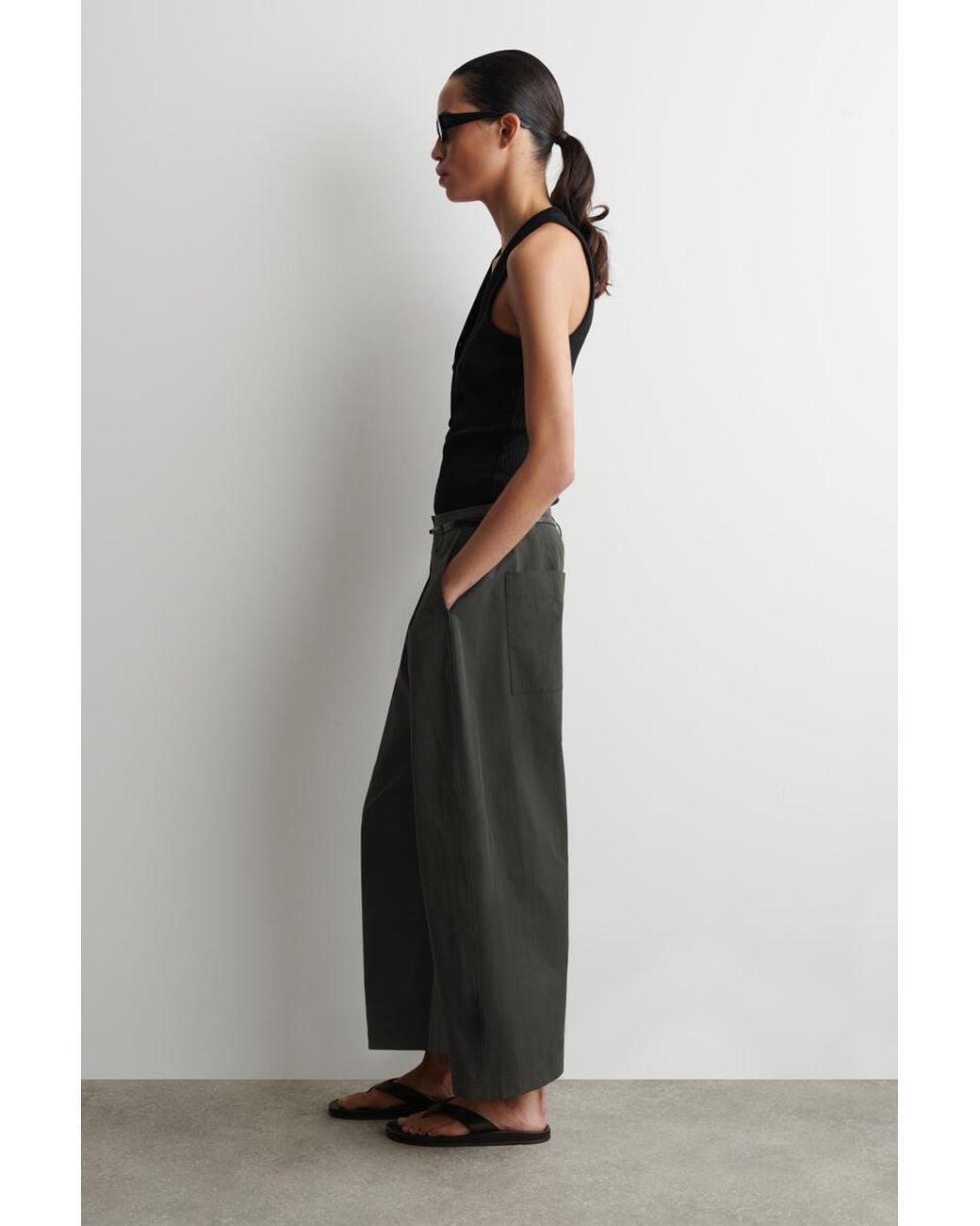 COS Gray Pleated Cotton Barrel-Leg Trousers