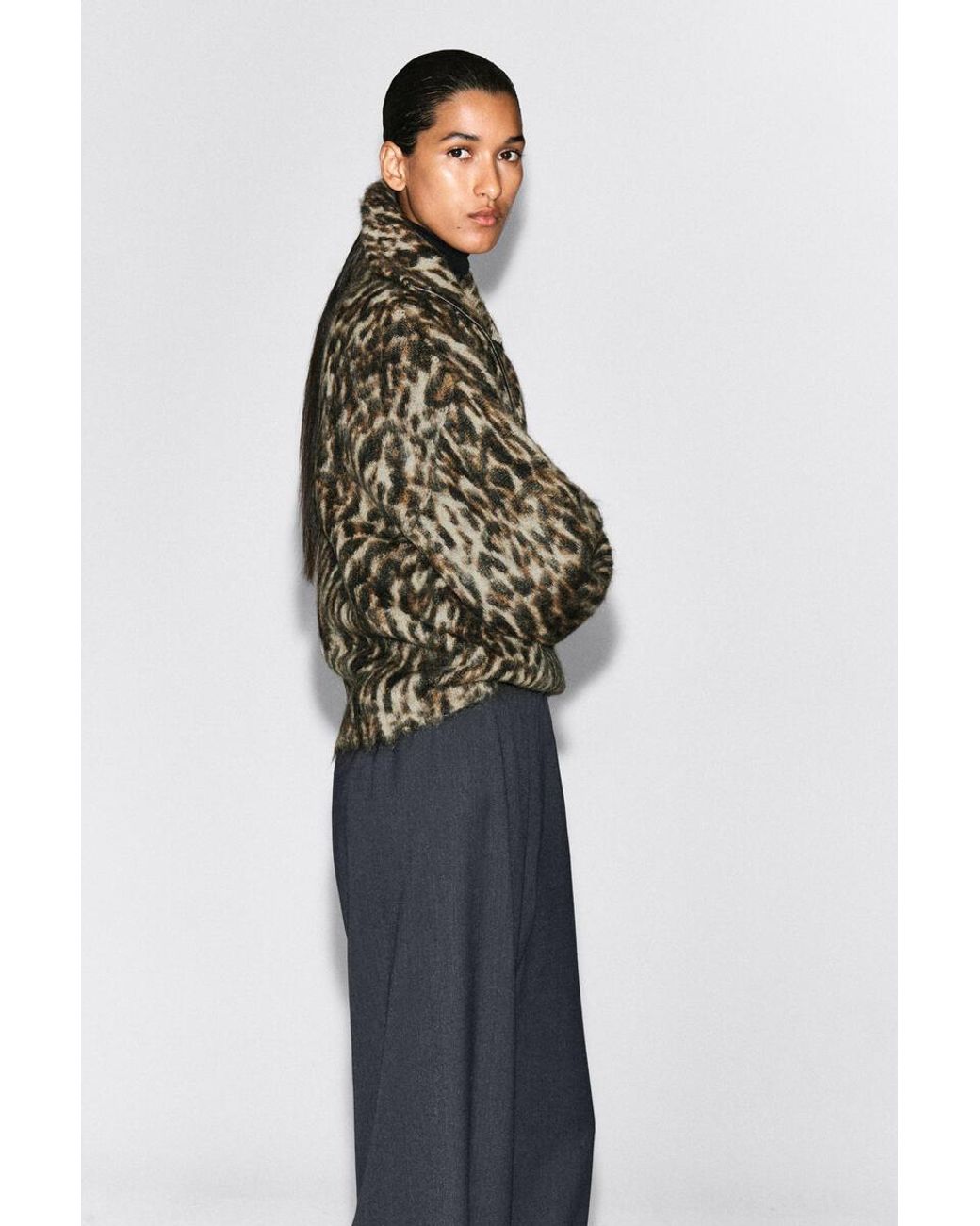 COS Brown Leopard-Jacquard Zip-Up Jumper