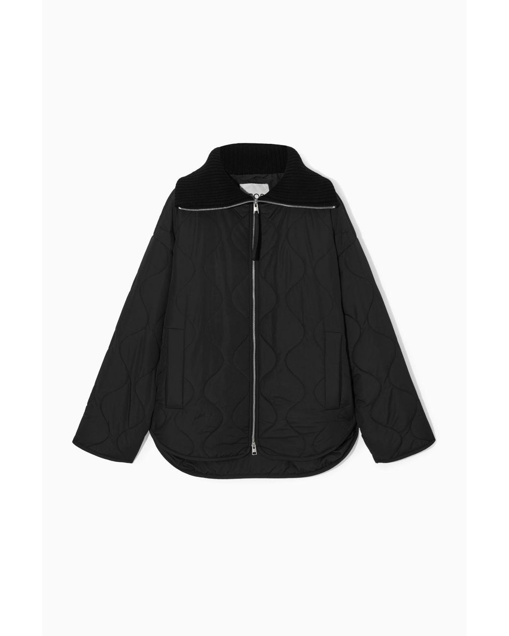 【COS】◆COLLARED PADDED JACKET - MOLE◆1261747001◆ RIBBED-COLLAR QUILTED COAT - BLACK | COS