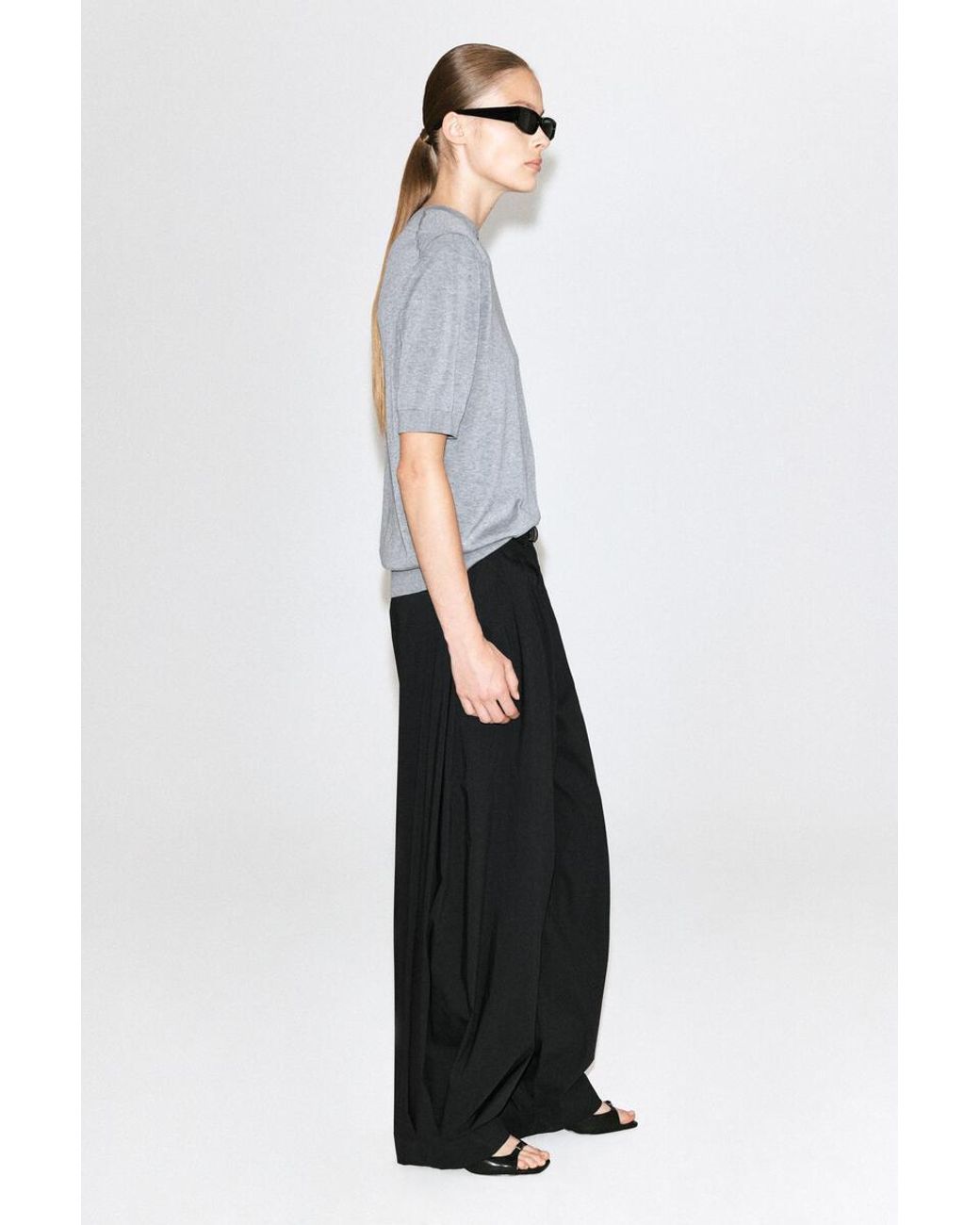 COS Gray Sculpted-Shoulder Silk-Cotton T-Shirt