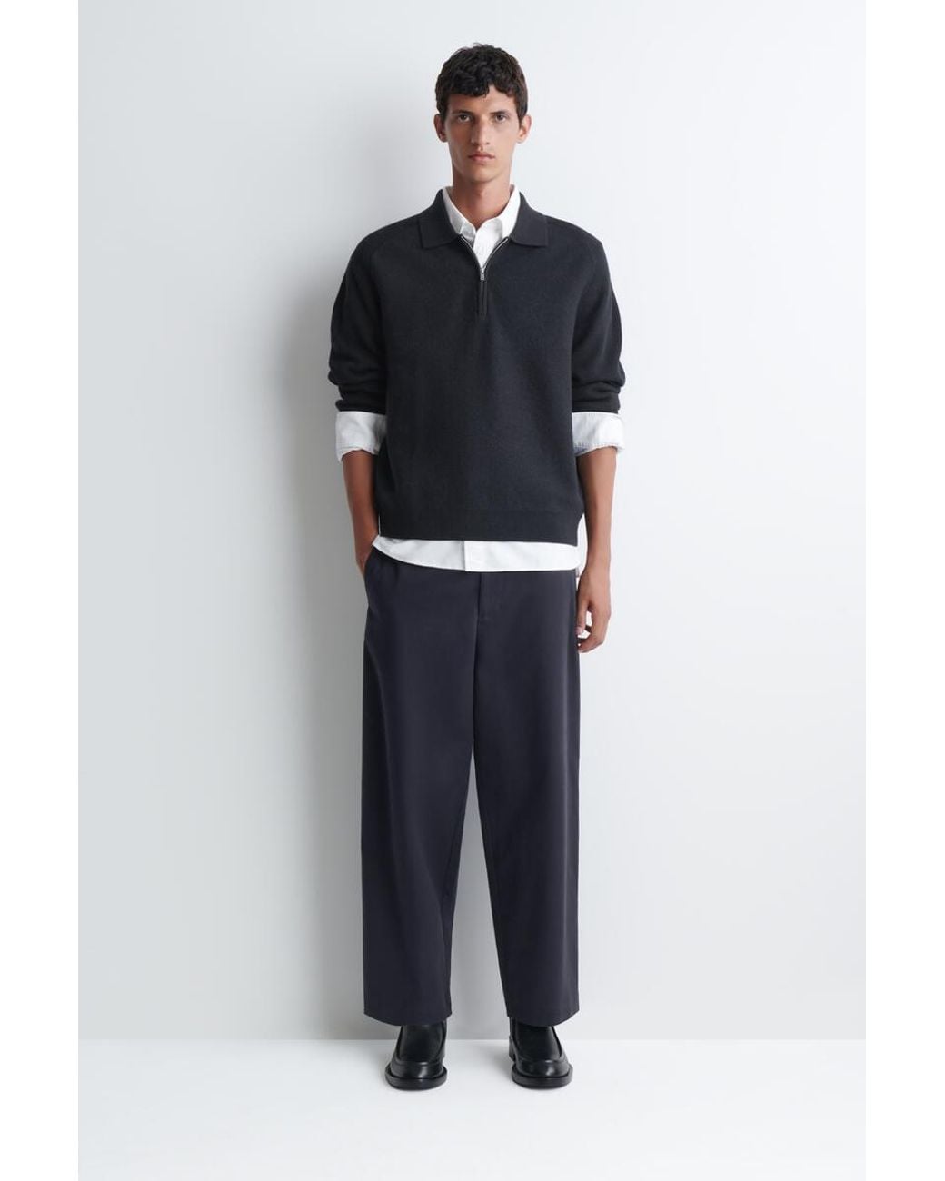 COS Blue Panelled Boiled Wool Zip-Up Sweater for men