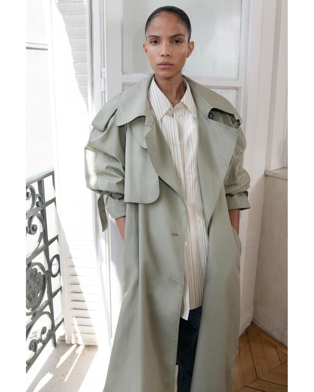 COS Green Mock-Neck Cotton Trench Coat