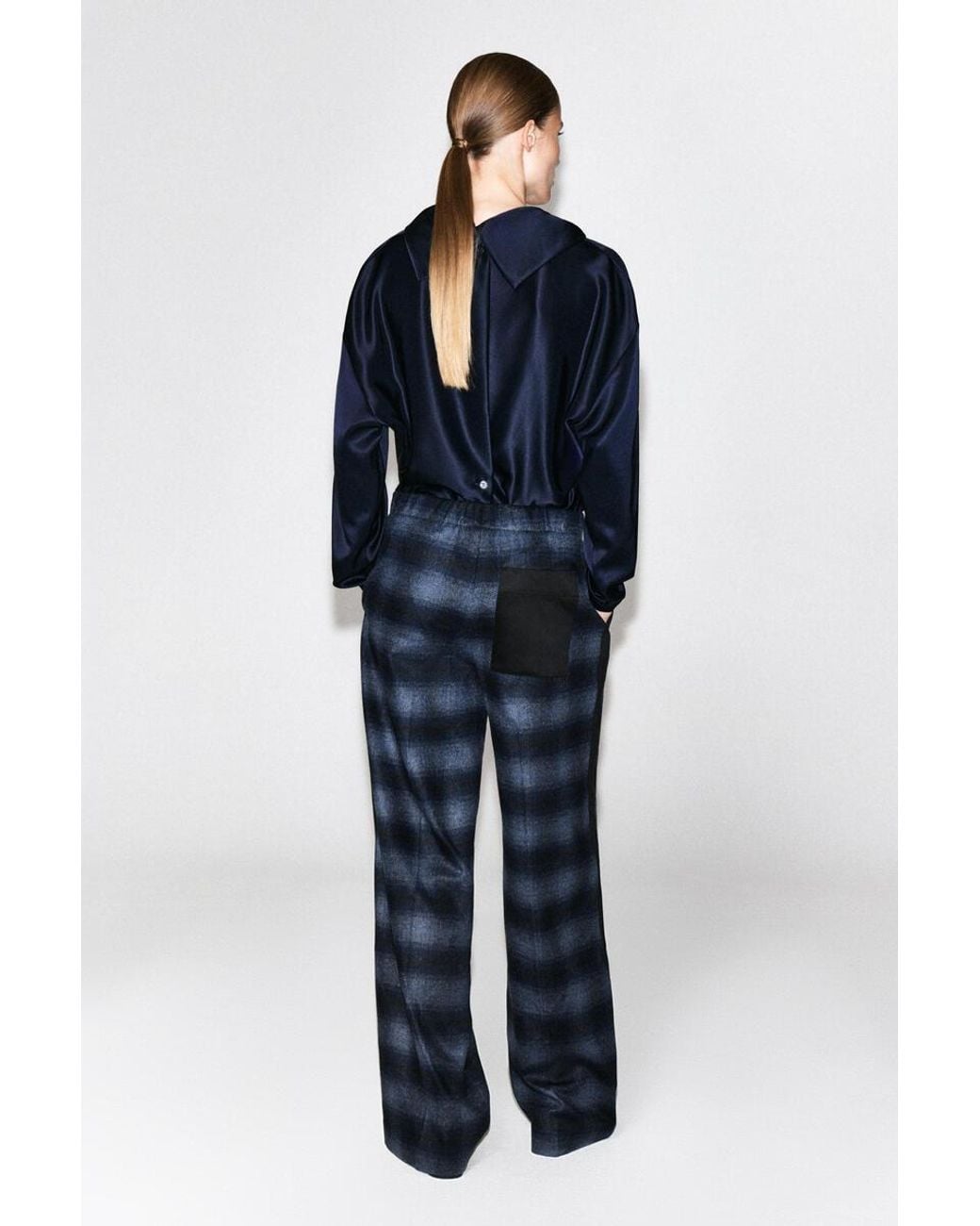 COS Blue Satin-Detail Checked Wool-Blend Trousers