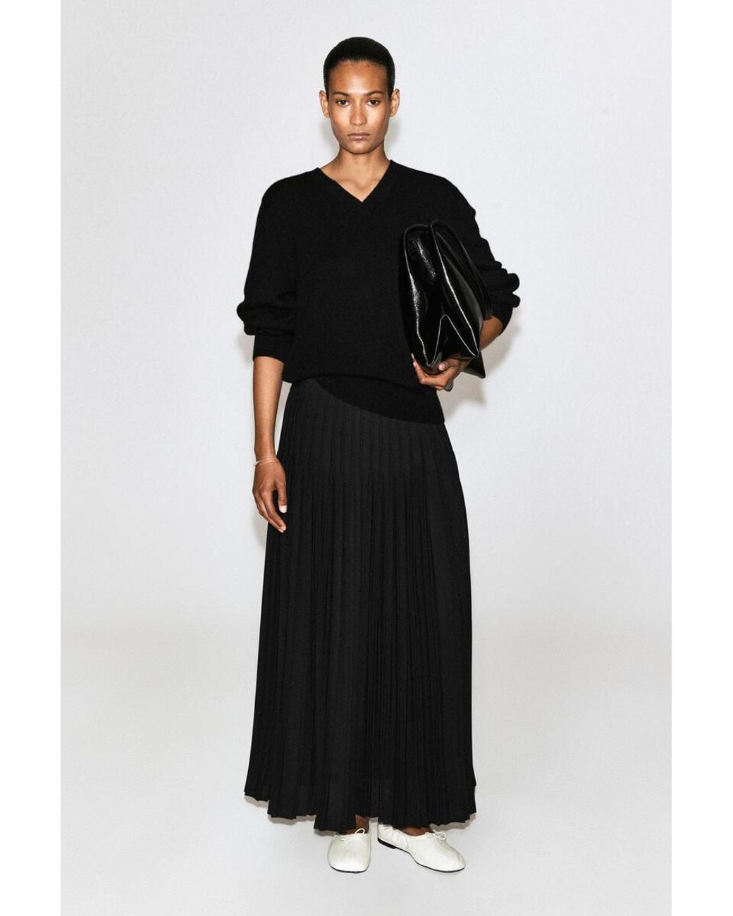 COS Black Pleated Crepe Midi Skirt