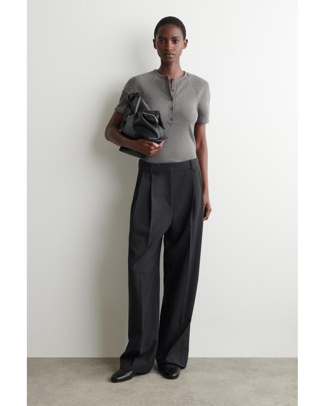 COS Gray Rounded Ribbed Jersey Henley Top