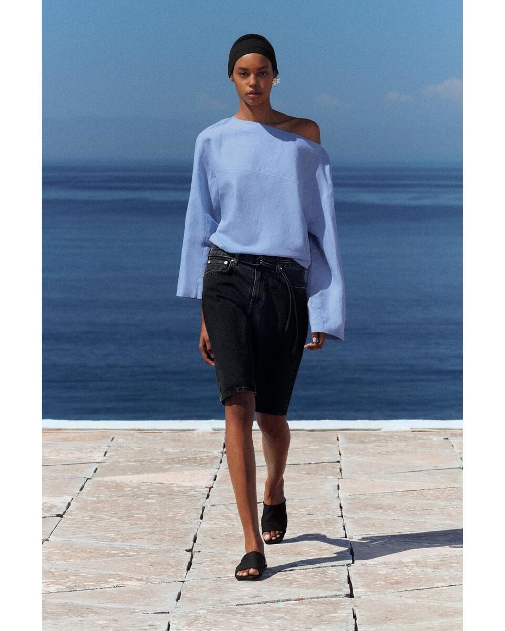 COS Blue Boat-Neck Linen Blouse