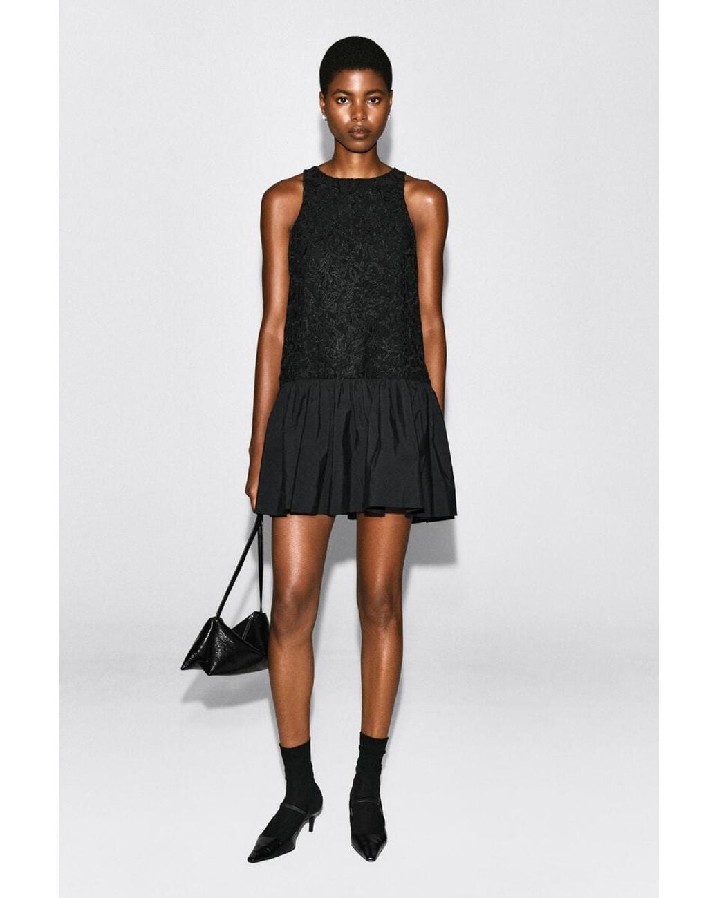 COS Black Embroidered Mesh Dropped-Waist Midi Dress