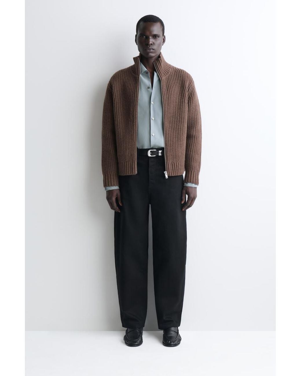 COS Brown Funnel-Neck Knitted Wool Jacket for men