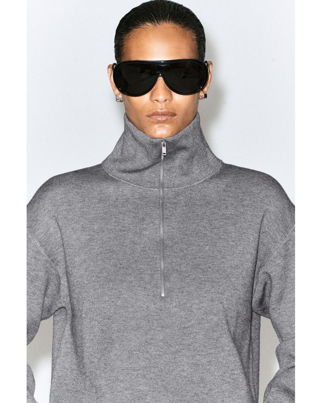 COS Gray Mock-Neck Half-Zip Knitted Sweater