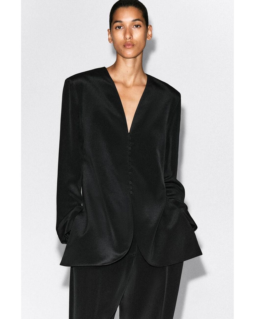 COS Black Button-Detail Silk-Crepe Blazer