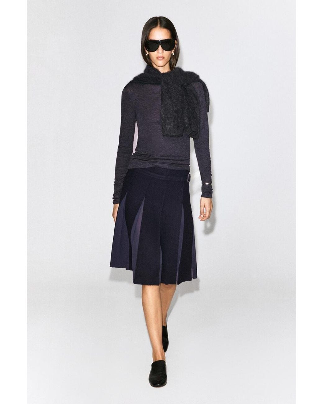 COS Blue Belted Pleated Wool-Blend Skirt