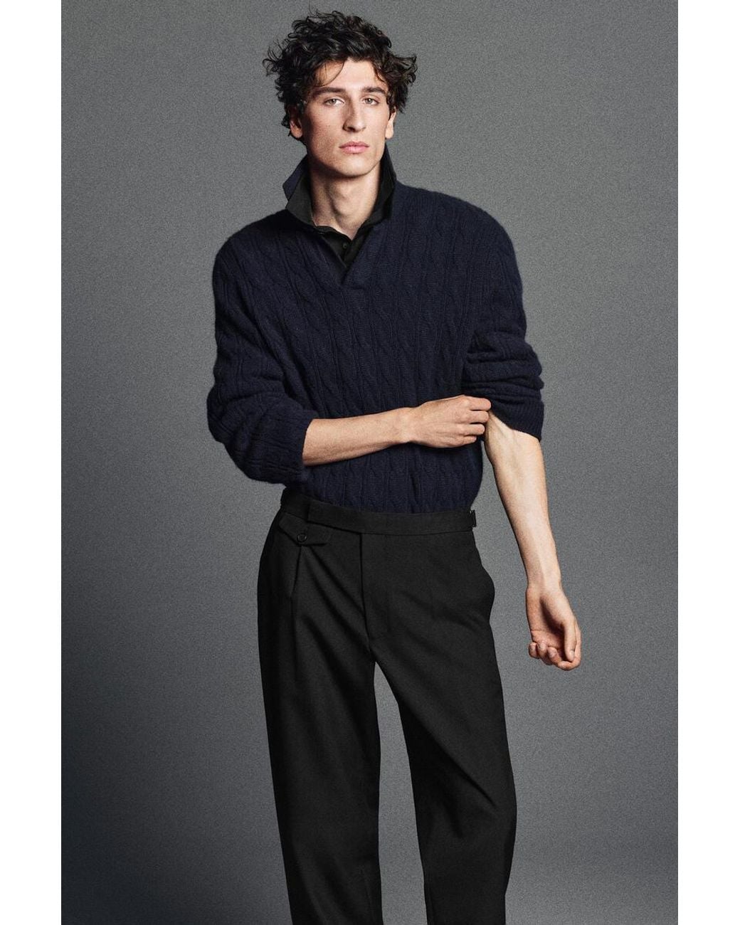 COS Blue Cable-Knit Pure Cashmere Polo Sweater for men