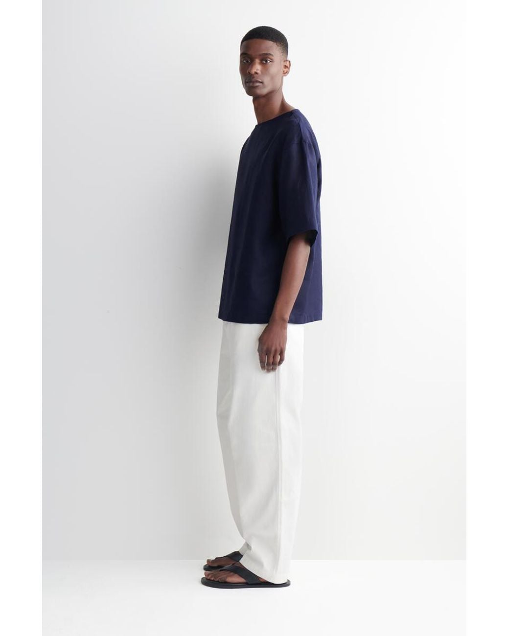 COS Blue Boat-Neck Linen T-Shirt for men