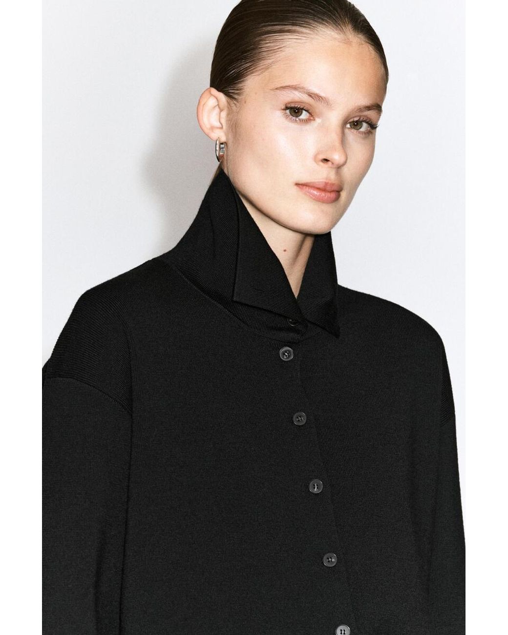 COS Black Merino Wool Funnel-Neck Cardigan