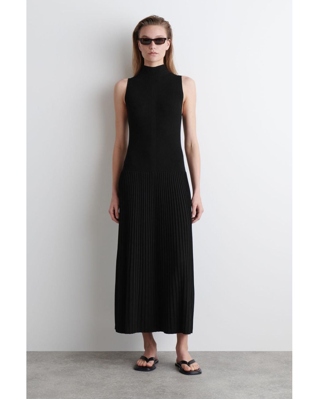 COS Pleated High-Neck Maxi Dress in Black | Lyst