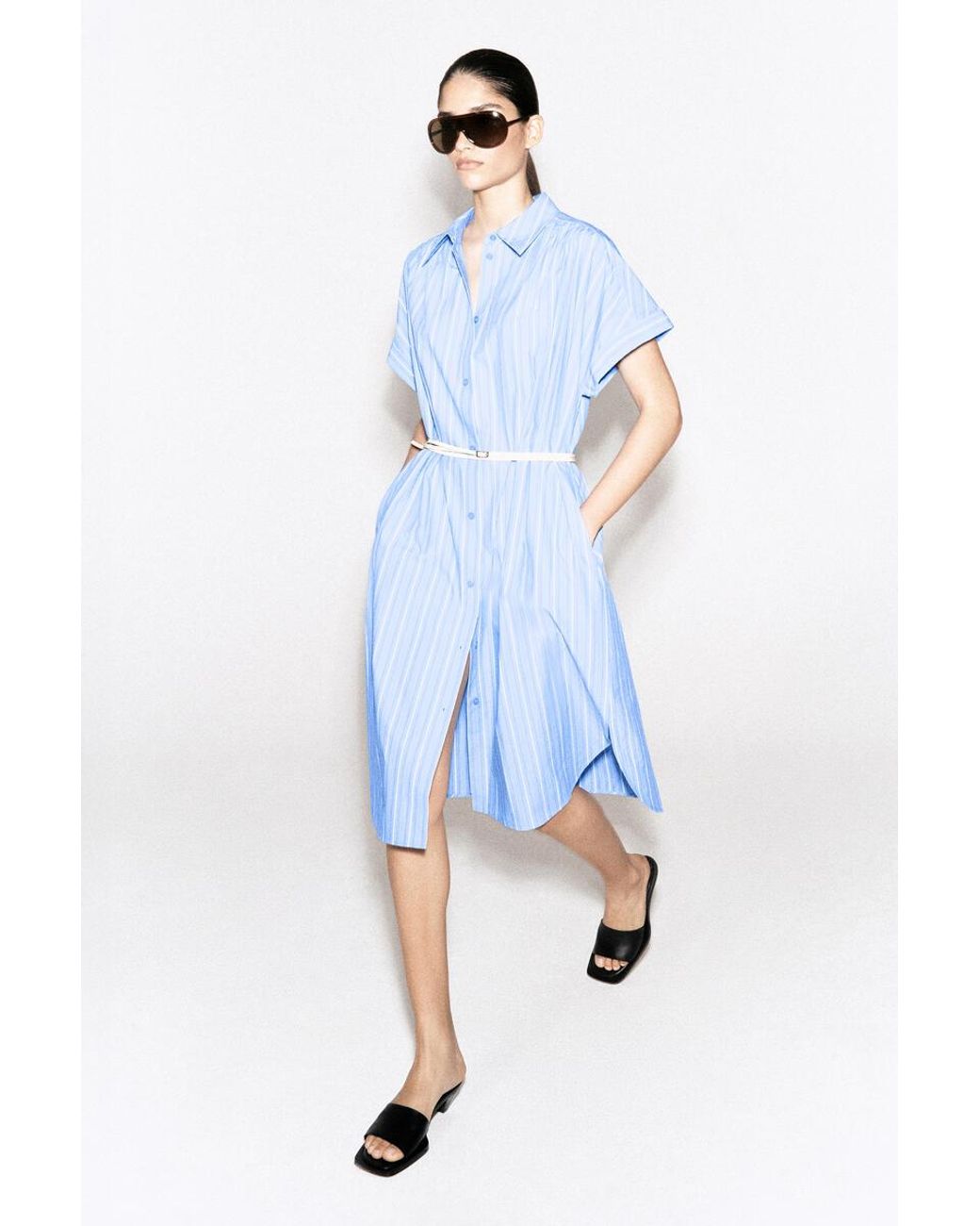 COS Blue Striped Short-Sleeved Cotton Shirt Dress