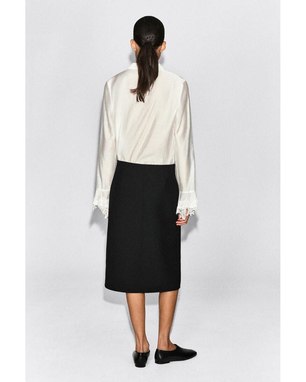 COS Black Leather-Belt Wool-Twill Midi Skirt