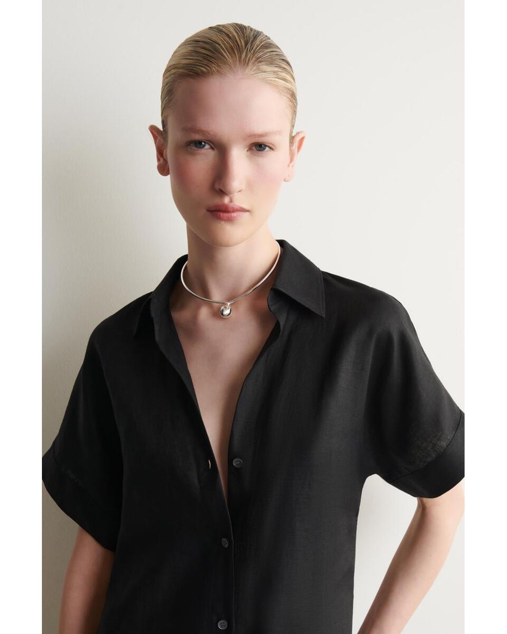 COS Black Open-Collar Linen Mini Shirt Dress