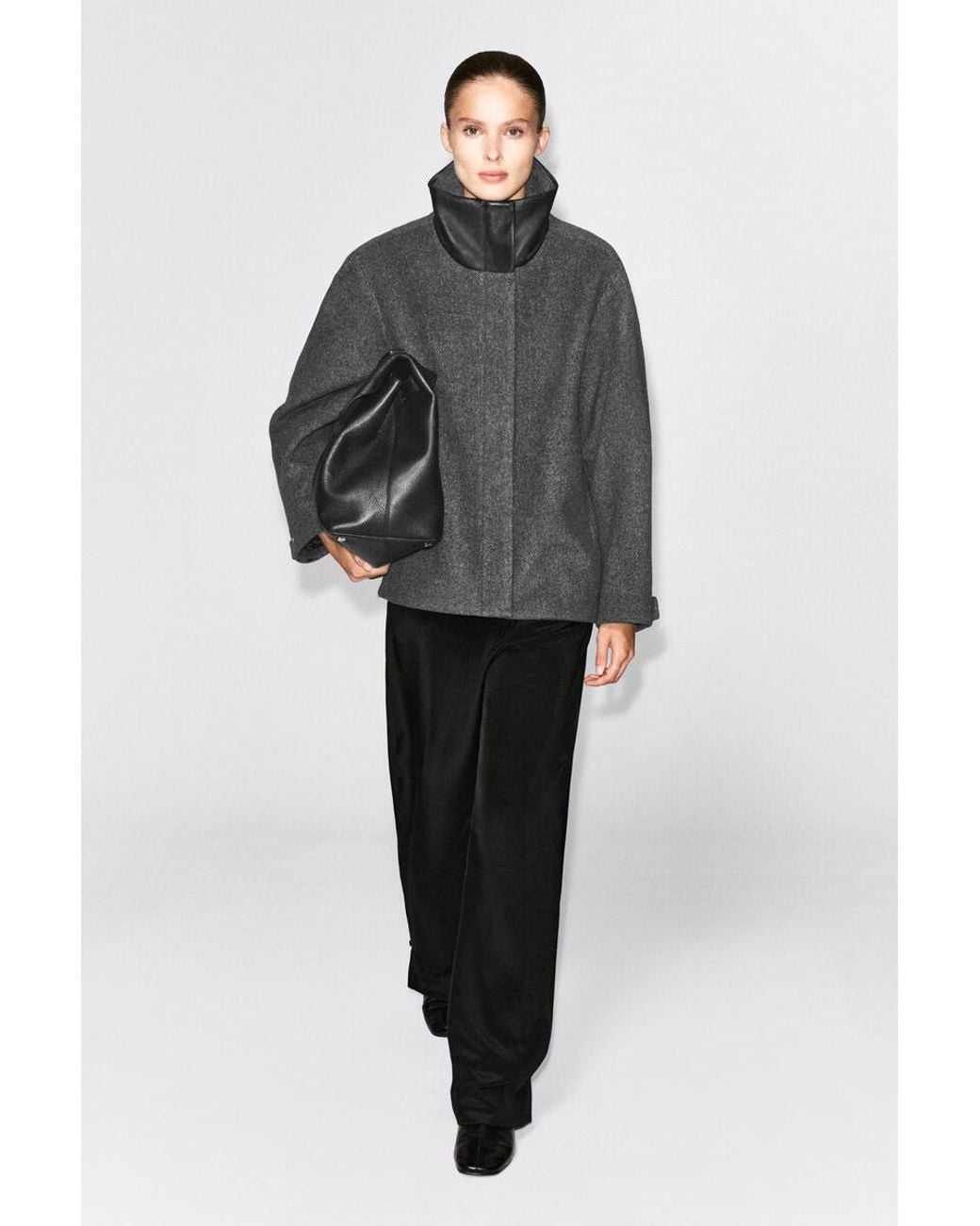 COS Black Oversized Leather-Collar Wool-Herringbone Jacket