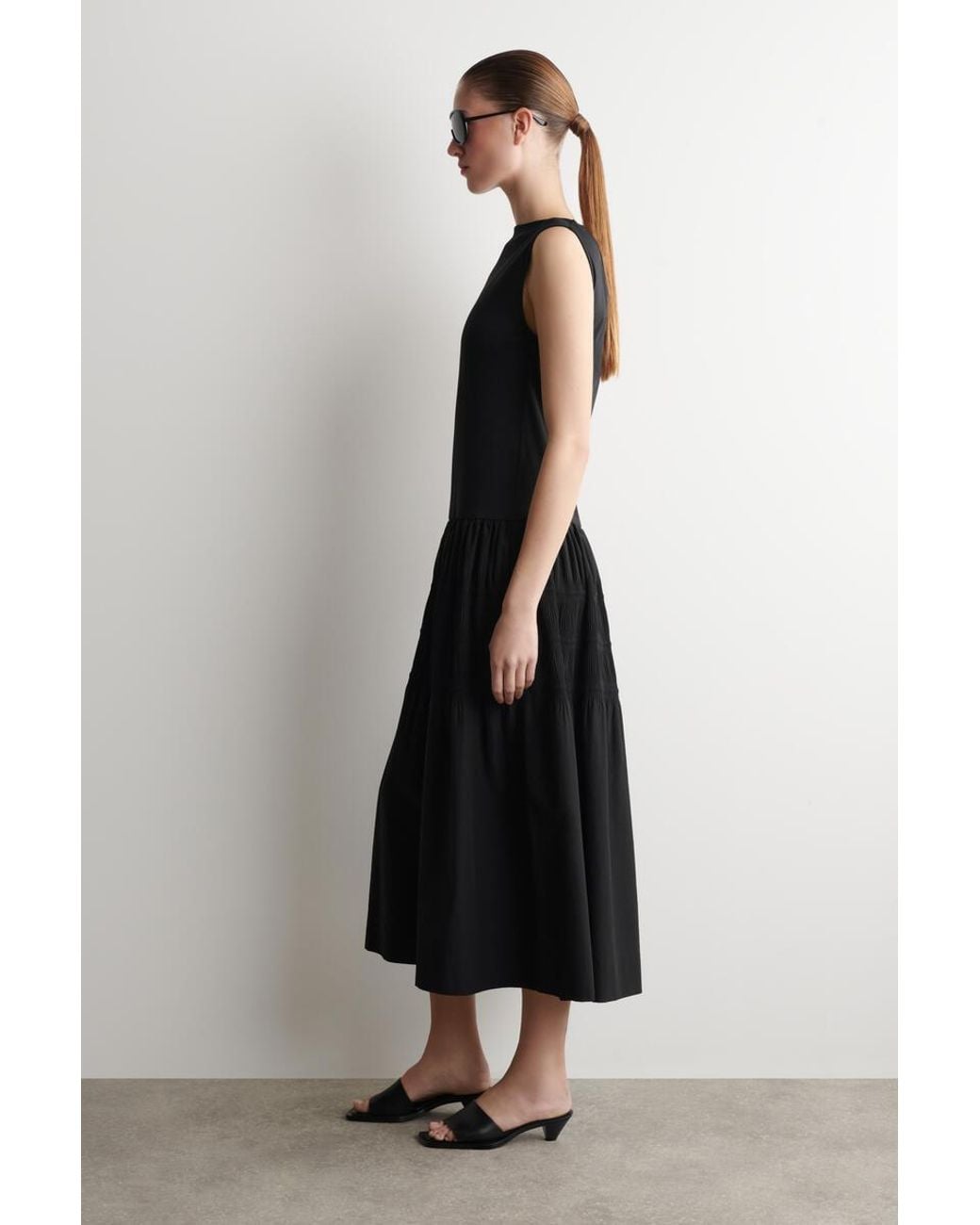 COS Black Tiered Gathered Midi Dress