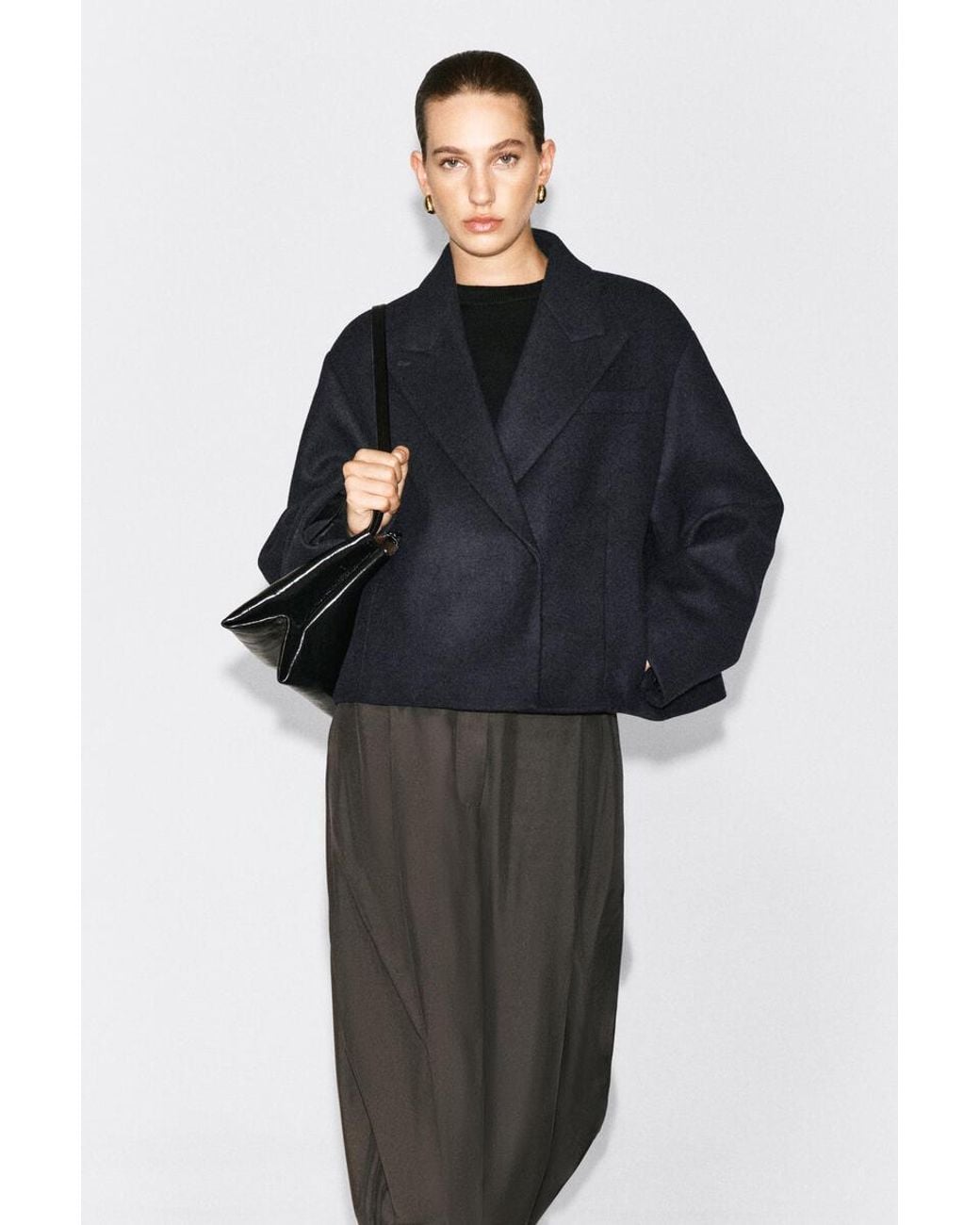 COS Black Oversized Cropped Boiled Wool-Blend Blazer