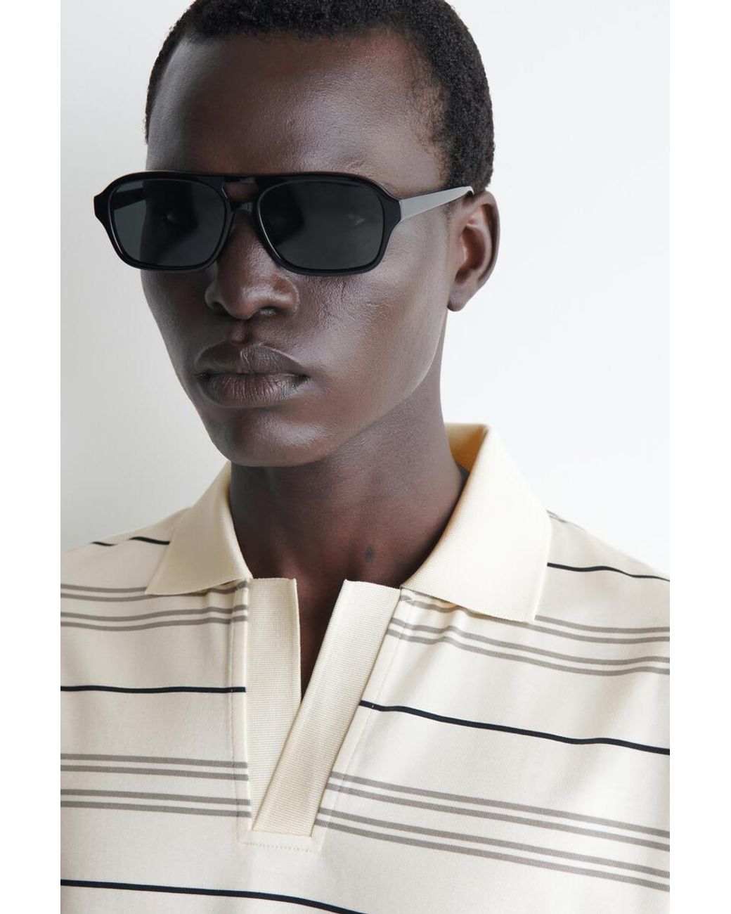 COS White Striped Open-Collar Polo Shirt for men
