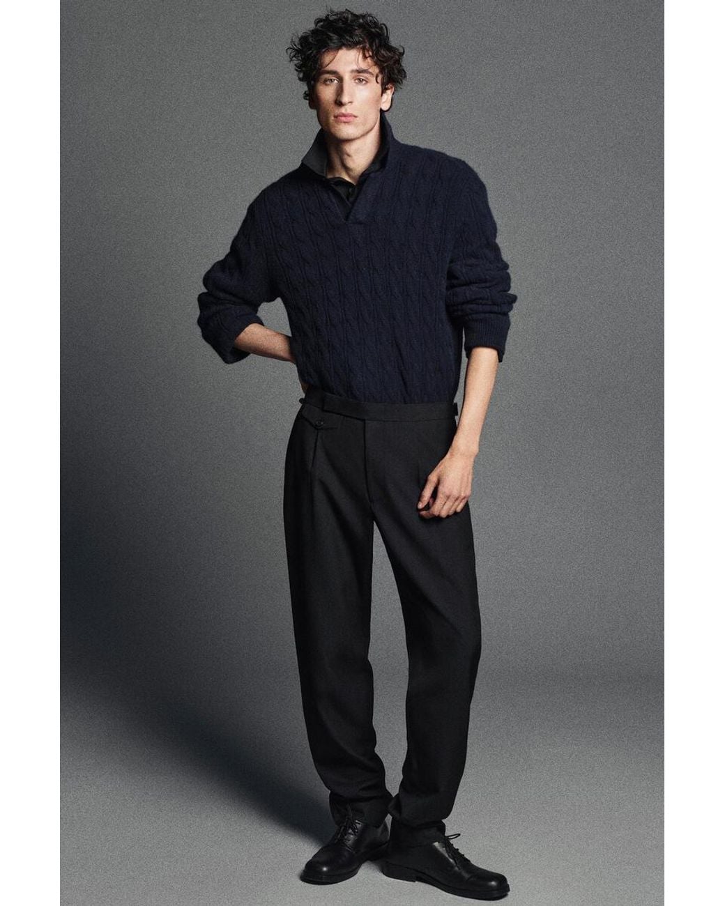 COS Blue Cable-Knit Pure Cashmere Polo Sweater for men