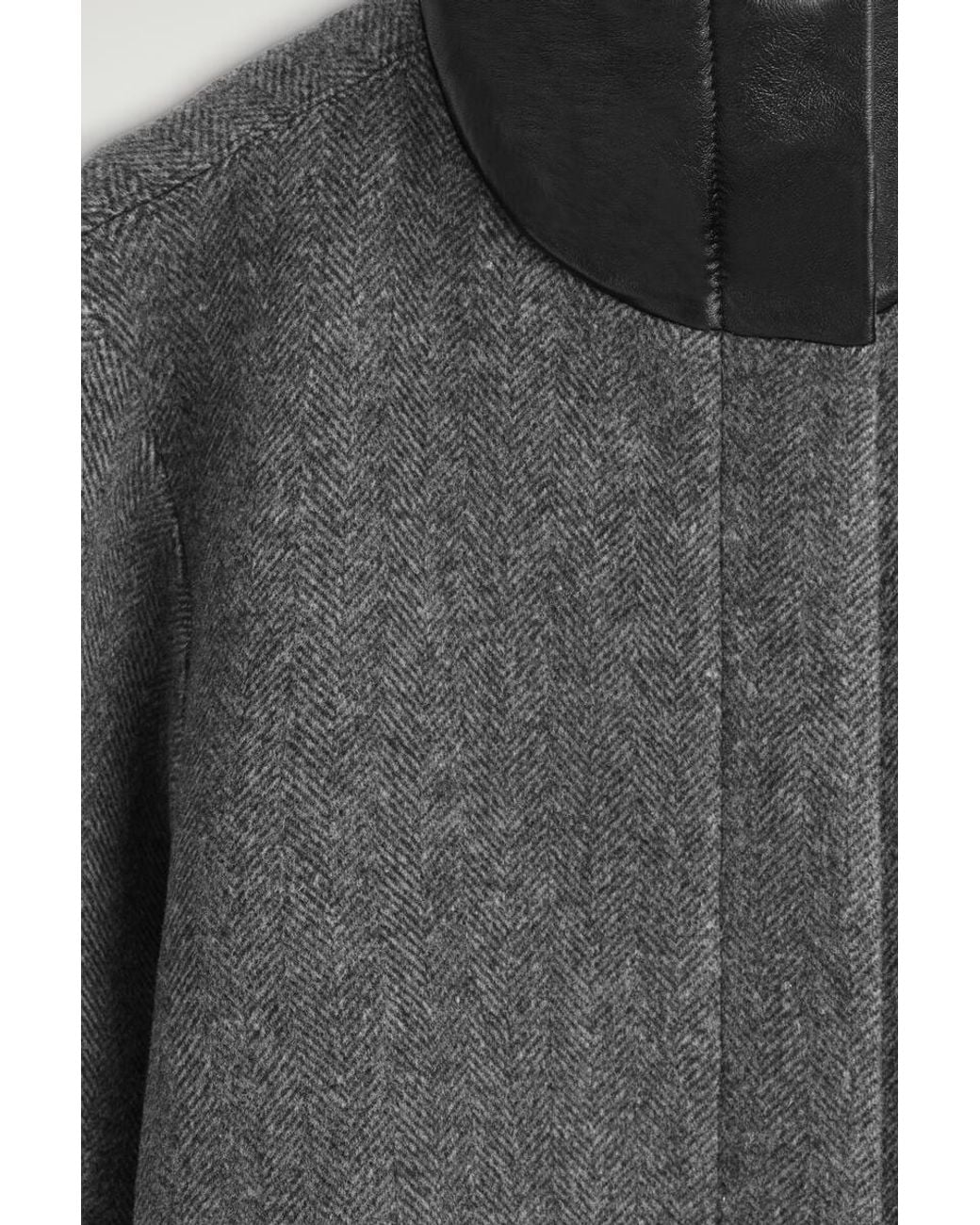 COS Black Oversized Leather-Collar Wool-Herringbone Jacket