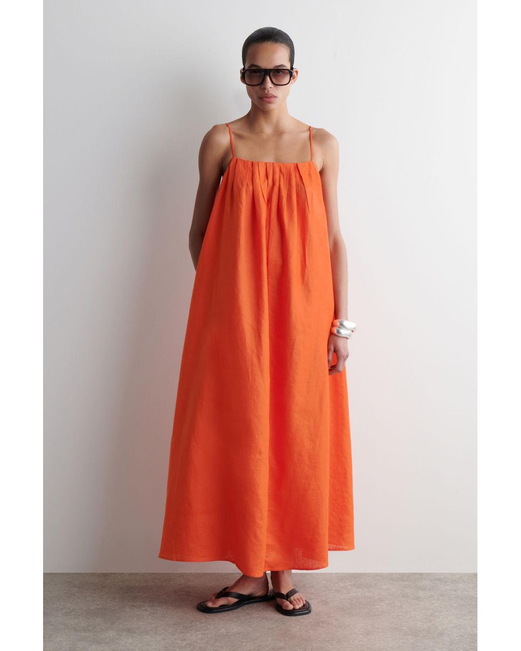 knee length dresses for ladies Orange Linen Clementine Maxi Dress