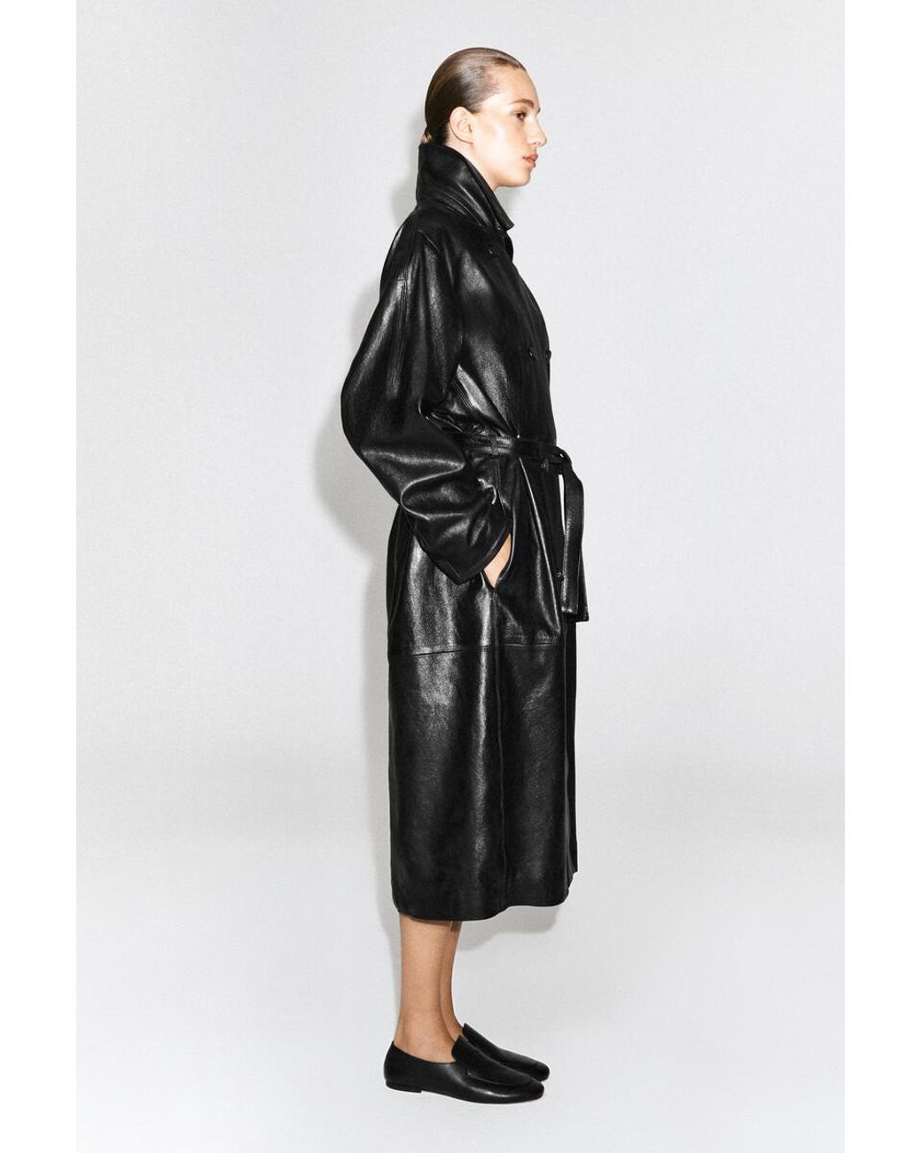 COS Black Oversized Belted Leather Long Coat