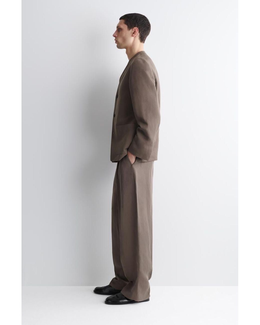 COS Brown Collarless Linen-Blend Blazer for men