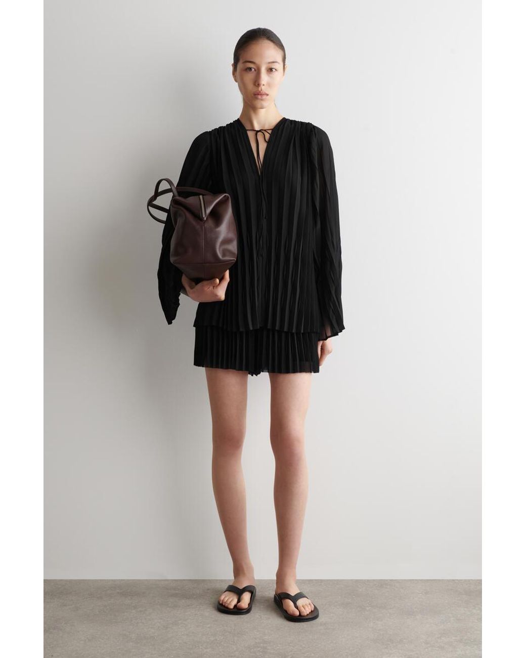 COS Black Tie-Front Pleated Georgette Blouse