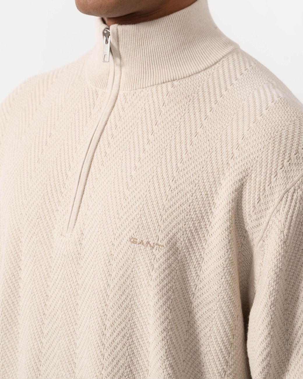 Gant Natural Herringbone Texture Half Zip Sweater for men