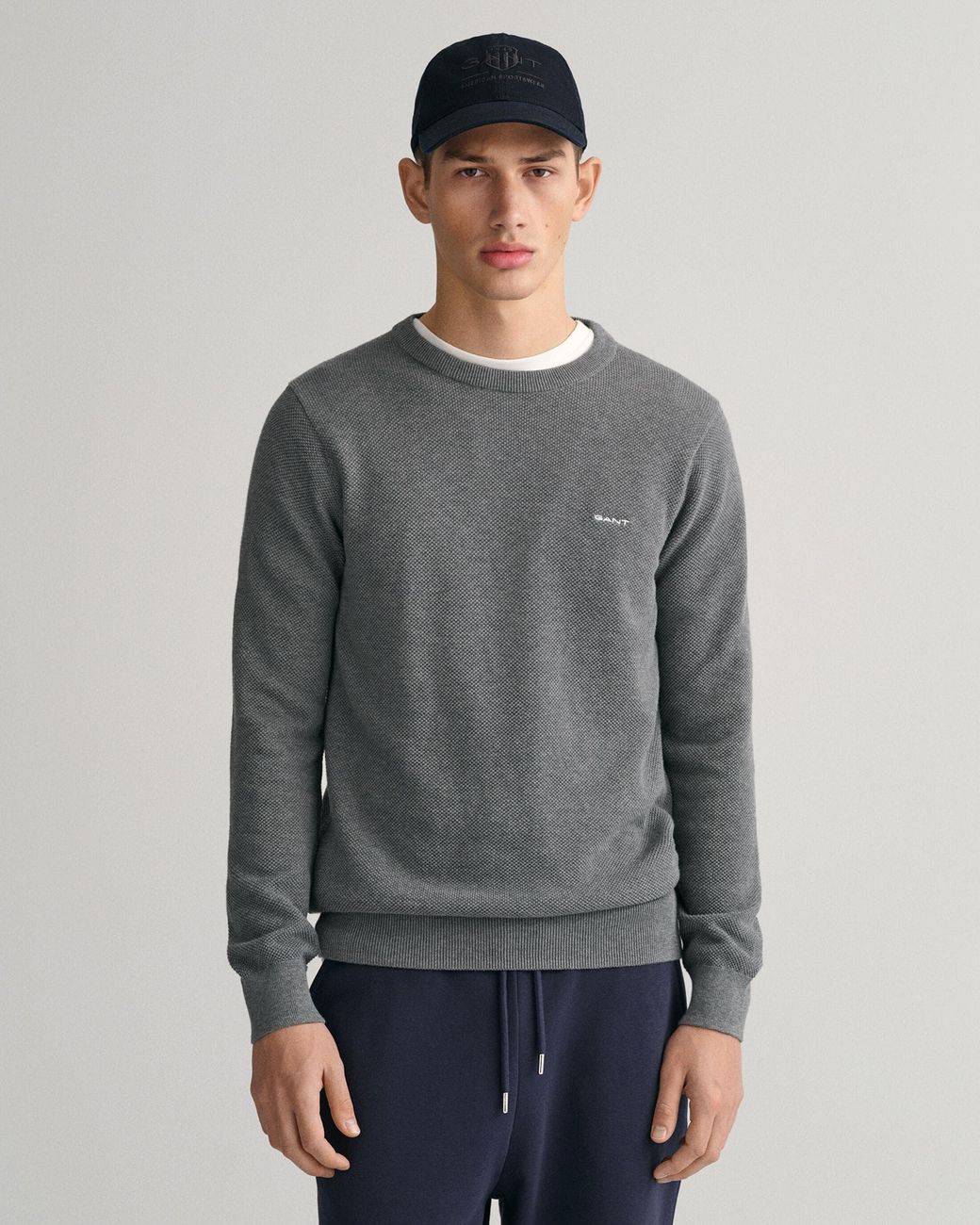 Gant Gray Cotton Pique Crew Neck Jumper for men