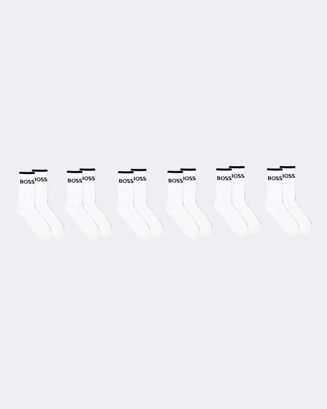 Boss White 6 Pack Stripe Combed Cotton Quarter Length Socks Nos for men