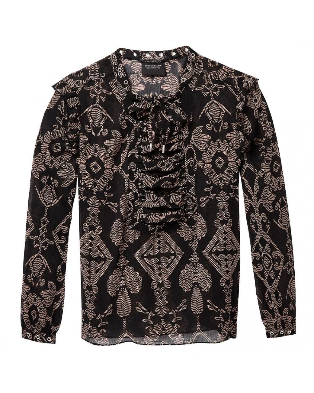 Maison Scotch Black Sheer Printed Lace Up Eyelet Details Top