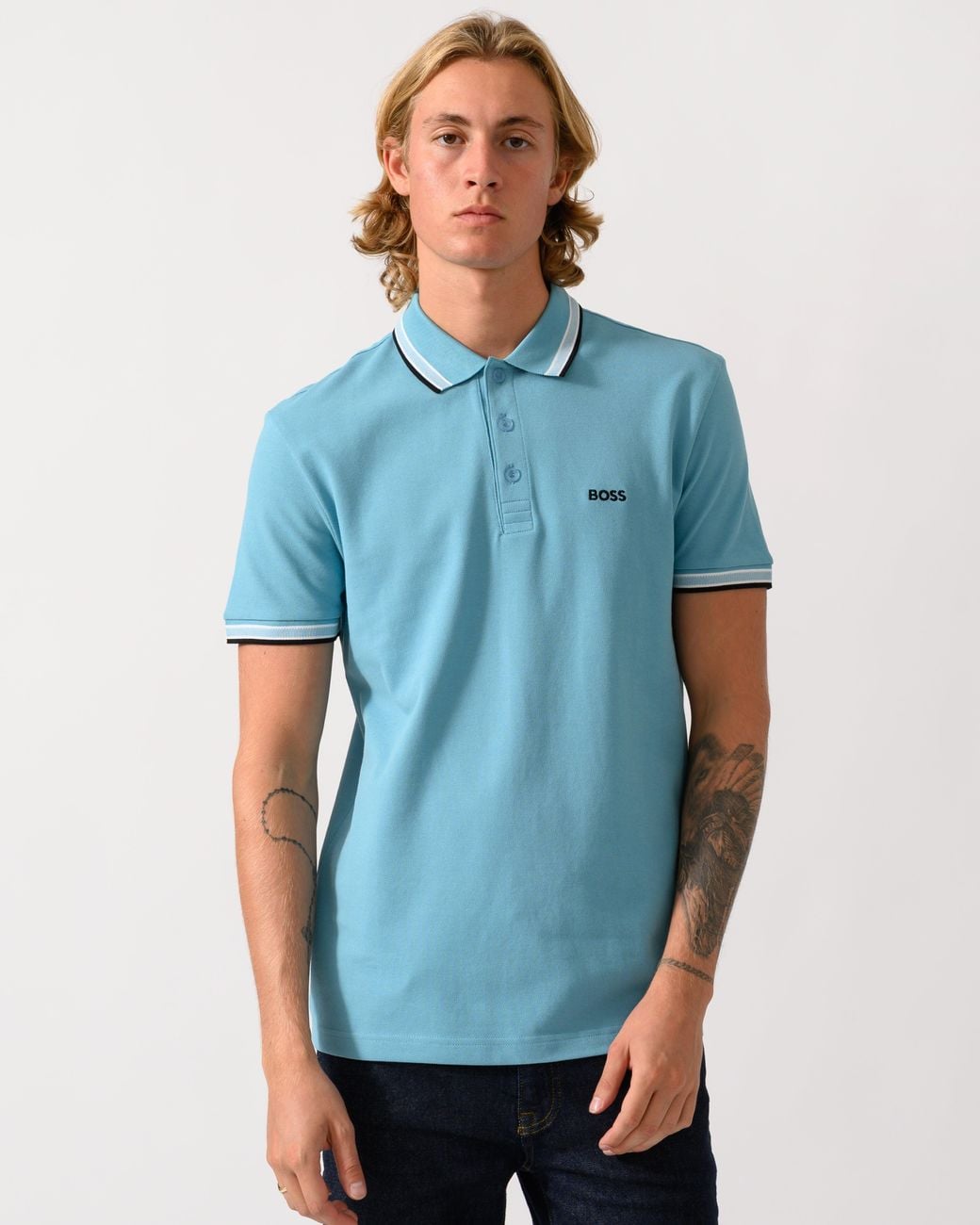 Boss Blue Paddy Cotton-Piqué Polo Shirt With Contrast Logo for men