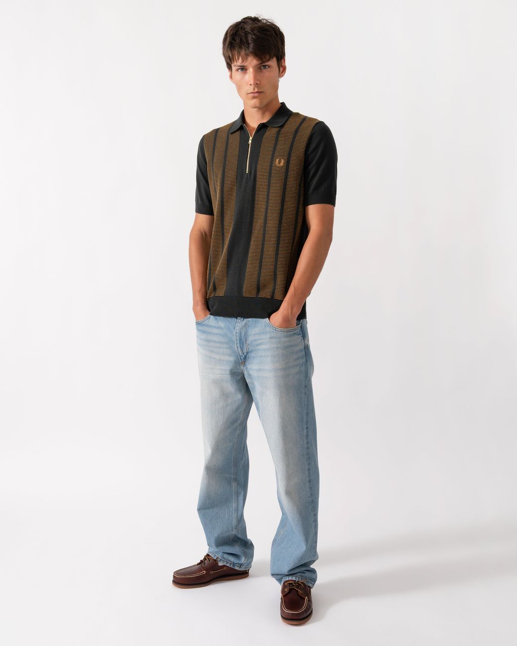 Fred Perry Black Textured Panel Knitted Polo Shirt for men