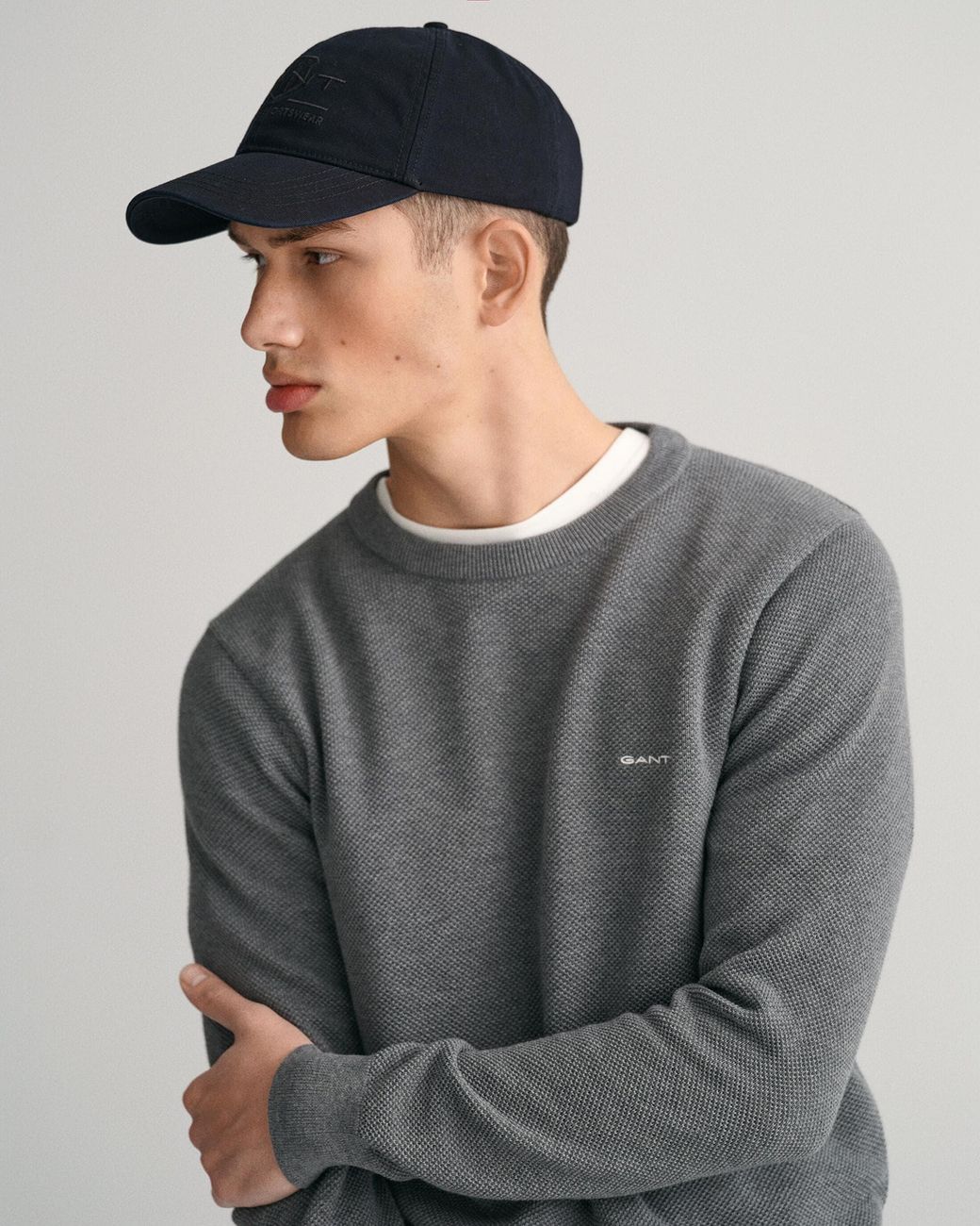 Gant Gray Cotton Pique Crew Neck Jumper for men