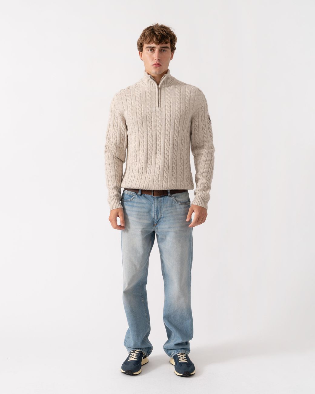 Belstaff Natural Westport Quarter Zip Cable Knit Jumper for men