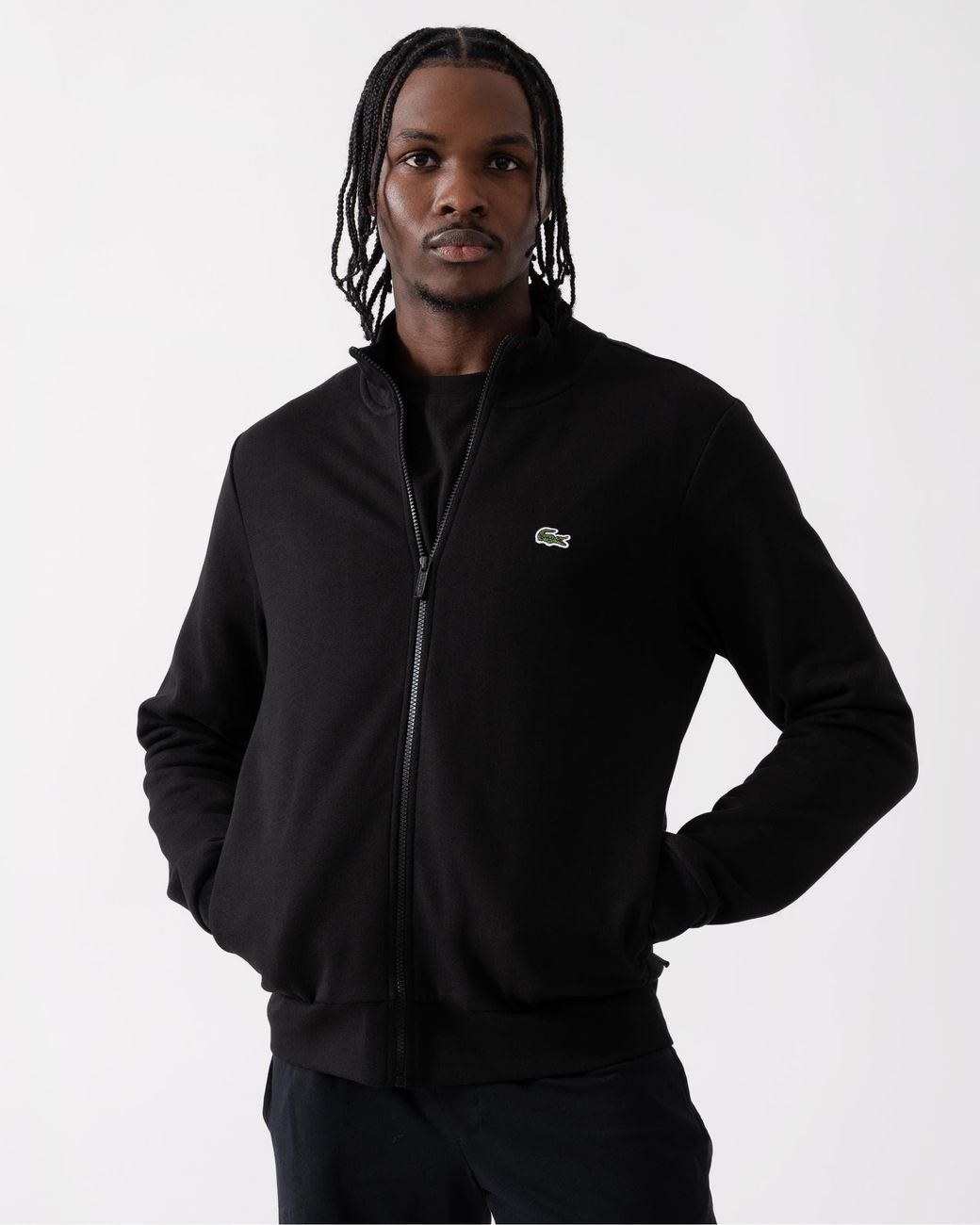 Lacoste Black Regular Fit Brushed Fleece Zippered Sweatshirt 031, Size: M for men