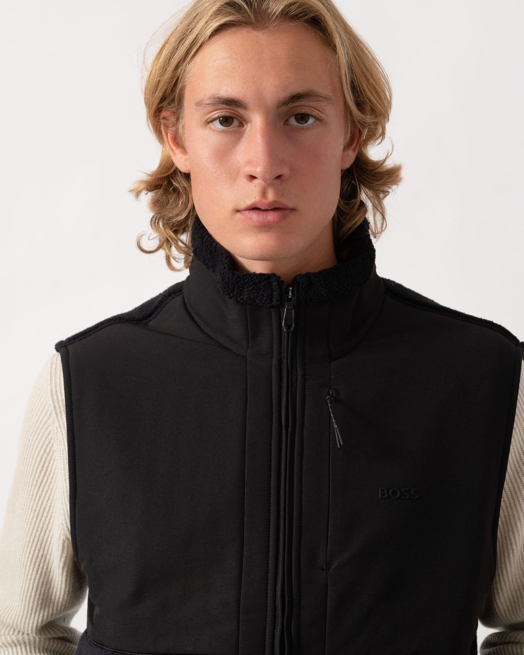 Boss Black Sveedy Contrast-Panel Teddy Fleece Gilet With Logo for men