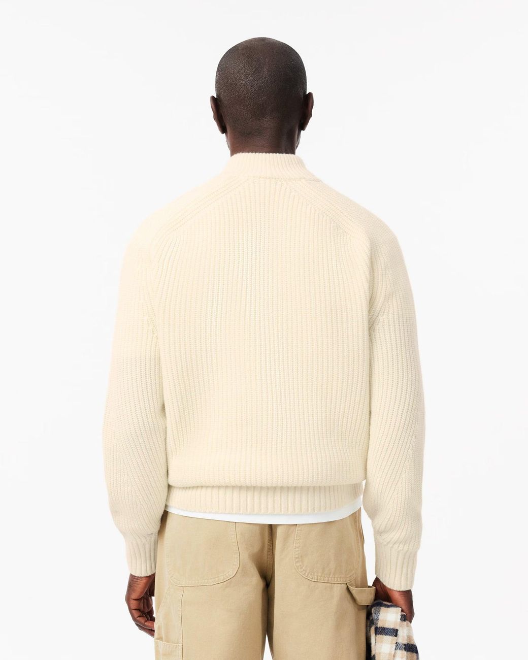 Lacoste Natural High Zip Neck Thick Rib Knit Wool Sweater for men
