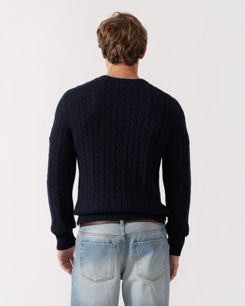 Belstaff Blue Westport Crew Neck Cable Knit Jumper for men