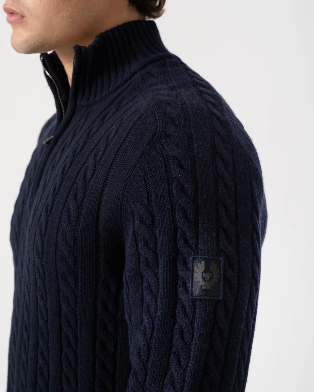 Belstaff Blue Westport Quarter Zip Cable Knit Jumper for men