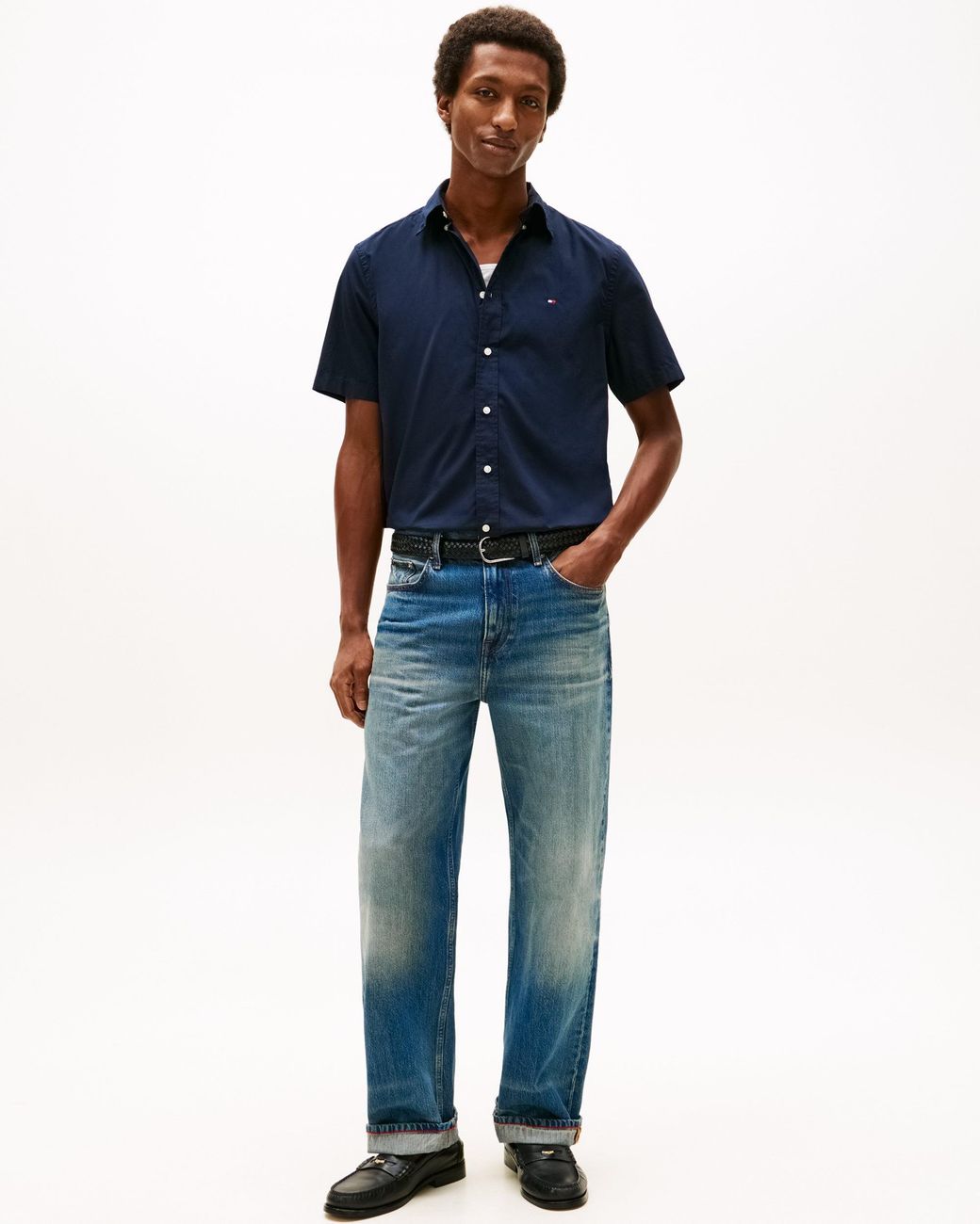 Tommy Hilfiger Blue Core Flex Poplin Solid Short Sleeve Shirt for men