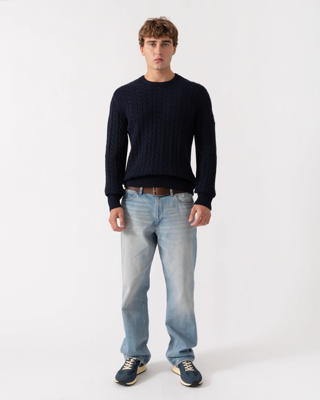 Belstaff Blue Westport Crew Neck Cable Knit Jumper for men